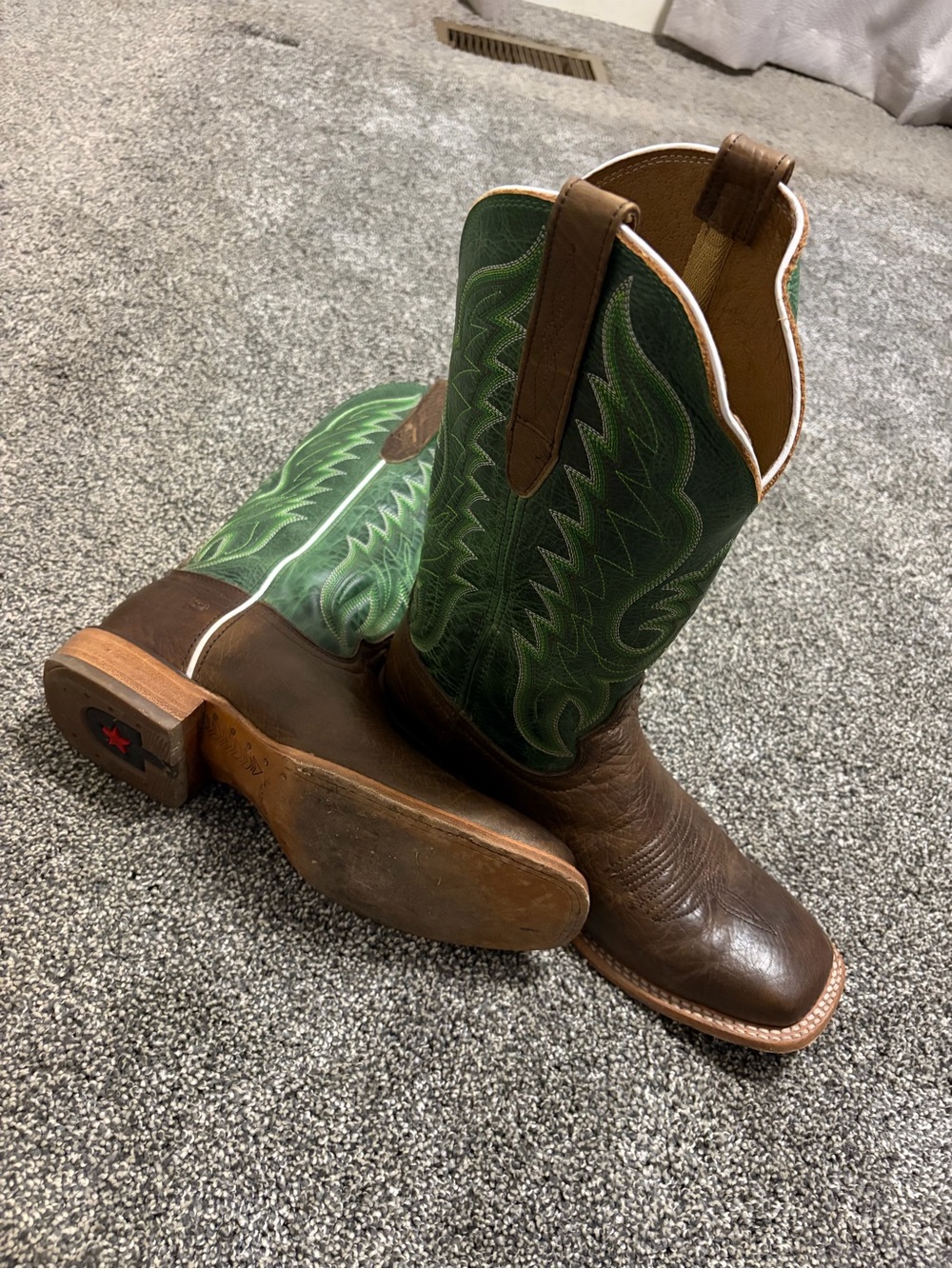 Durango Brown Leather Foot with Green Embroidered Shaft Cowboy Boots